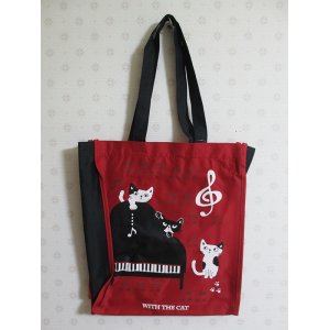 画像: 黒猫ミィー　ファスナー付A4トートバッグ（ピアノ）
